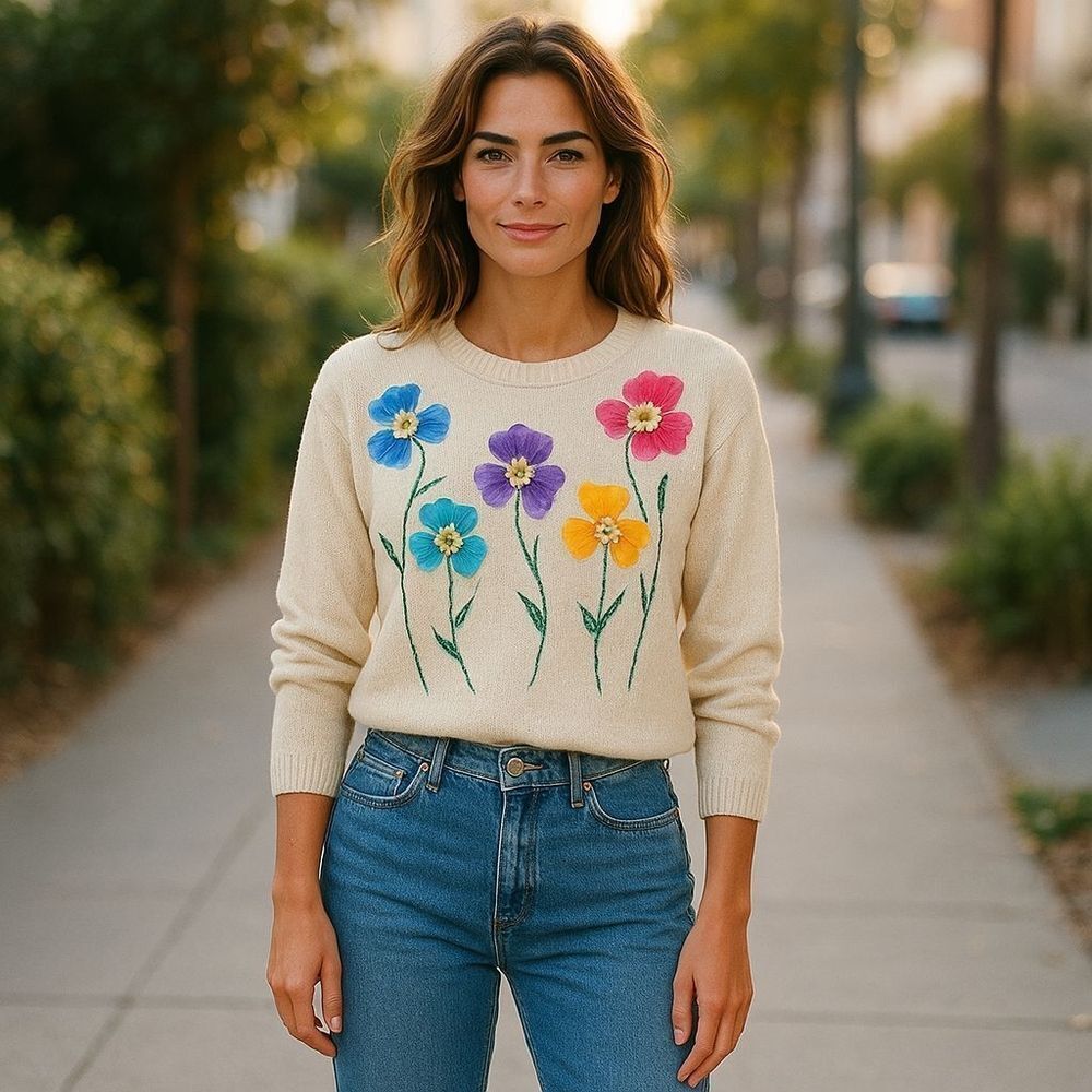 Vintage Art-to-Wear Knit Hand Painted Floral Cropped Sweater, Cottagecore | OS